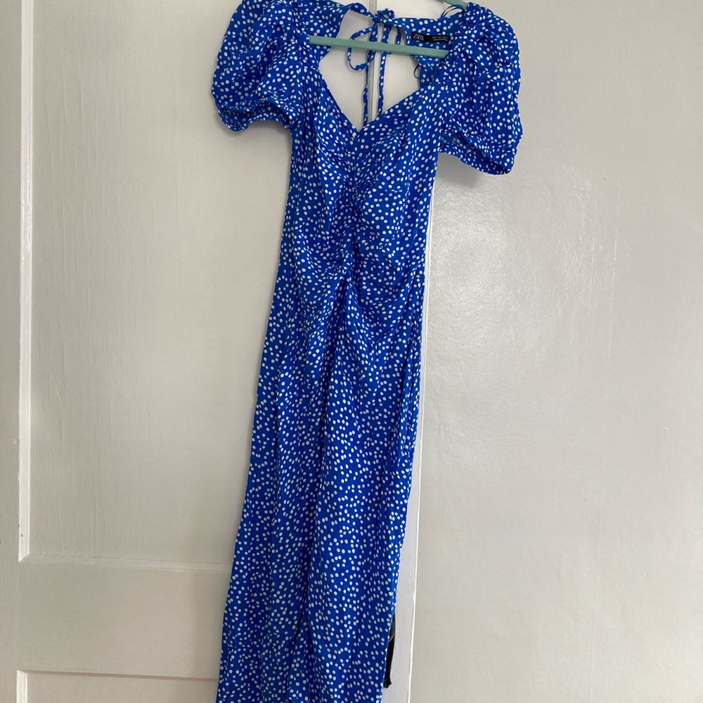 Blue Polka Dot Puff Sleeve Maxi Dress